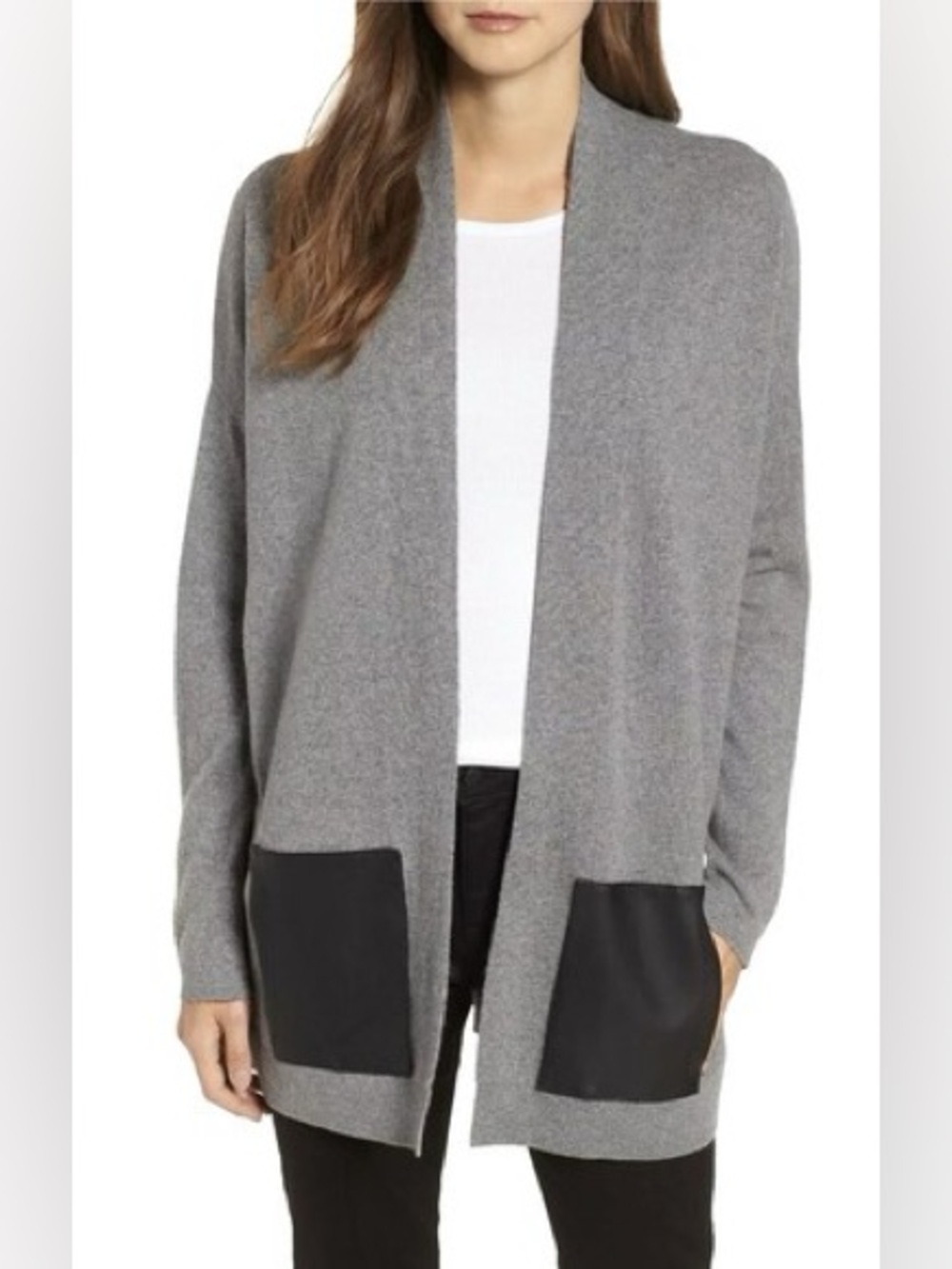 Eileen Fisher Wool and Cashmere Blend Cardigan with Leather pockets
